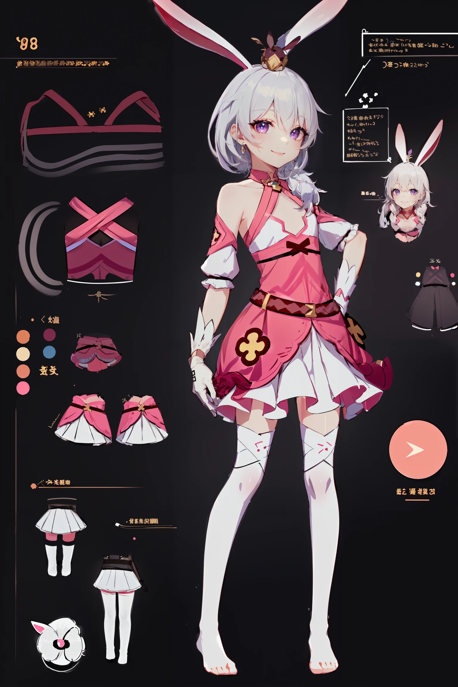 multiple views, pencil sketch, (sketch:1.25), (,small breasts,), ((no shoes)), shy, best quality, graphite \\(medium\\), ske, gradient, rainbow, note, Line draft, highres, absurdres, (ultra-detailed:1.1), (illustration:1.1), (infographic:1.2), pajamas, (all clothes configuration:1.15), (solo), perfectly drawn hands, standing, cohesive background, paper, action, (character design:1.1),
<lora:trr-v100:0.8:lbw=OUTALL>, trr, rabbit ears, pendant, 1girl, pink eyes, crown, theresa apocalypse, animal ears, gloves, bangs, white gloves, side ponytail, thighhighs, bare shoulders, white hair, pink dress, hair between eyes, little girlars old,