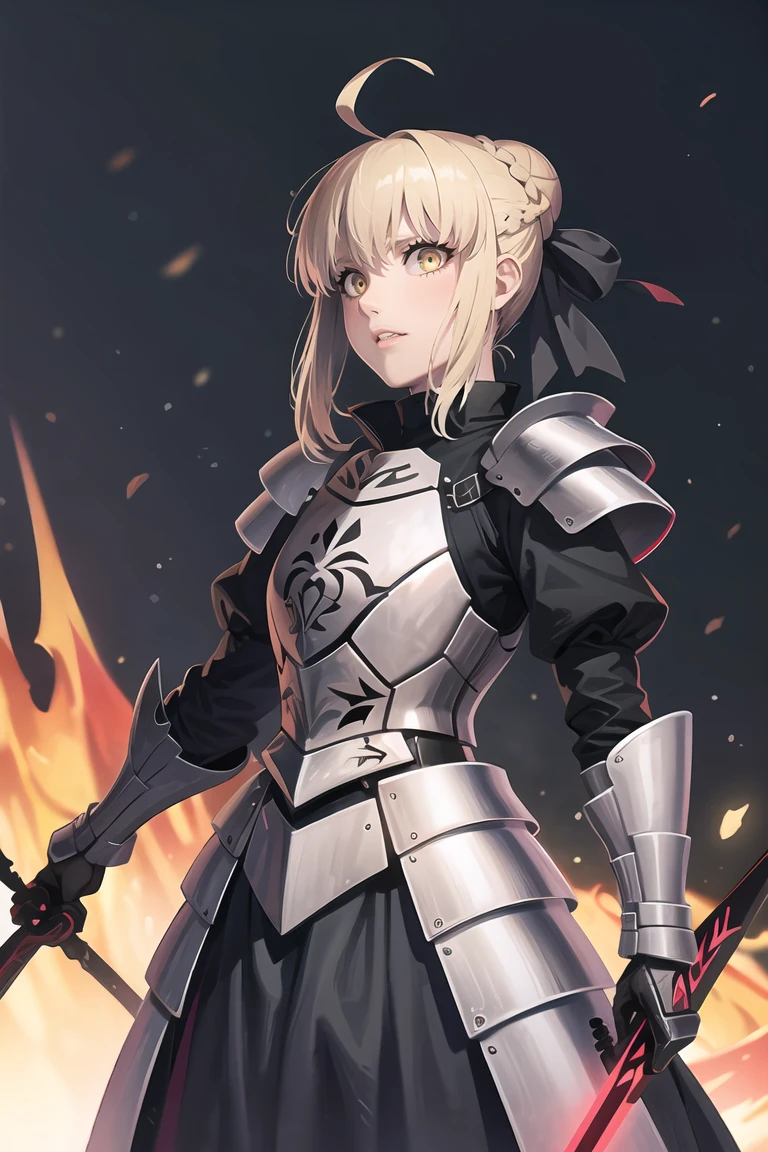 1girl,ahoge,armor,armored dress,artoria pendragon fate,blonde hair,braid,dark persona,fate/stay night,fate series,french braid,hair bun,highres,saber alter,single hair bun,slit pupils,solo,yellow eyes