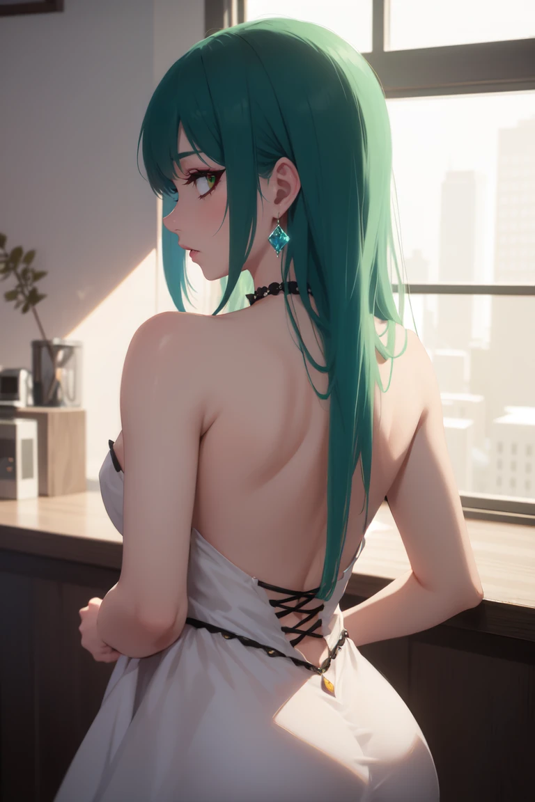 masterpiece,best_quality,bokeh,indoors,detailed_background,urban_modern_interior,dusk,1girl,solo,upper_body,dynamic_pose,looking_back,from_behind,from_above,frightened,green_hair,Fairy queen-inspired jeweled chokers,red_eyeliner,