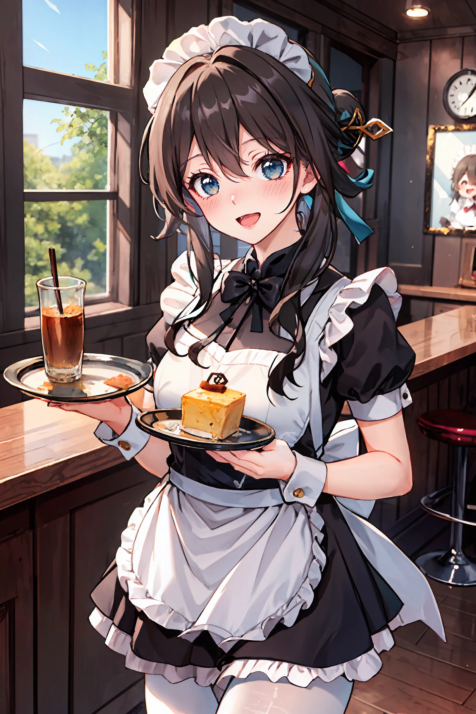 1girl, ruan mei \(honkai: star rail\), hair ornament, solo, maid, maid headdress, maid apron, embarrassed, pantyhose, open mouth, blush, smile, open mouth, holding plate, looking at viewer, cowboy shot, bar \(place\), indoors, depth of field, masterpiece