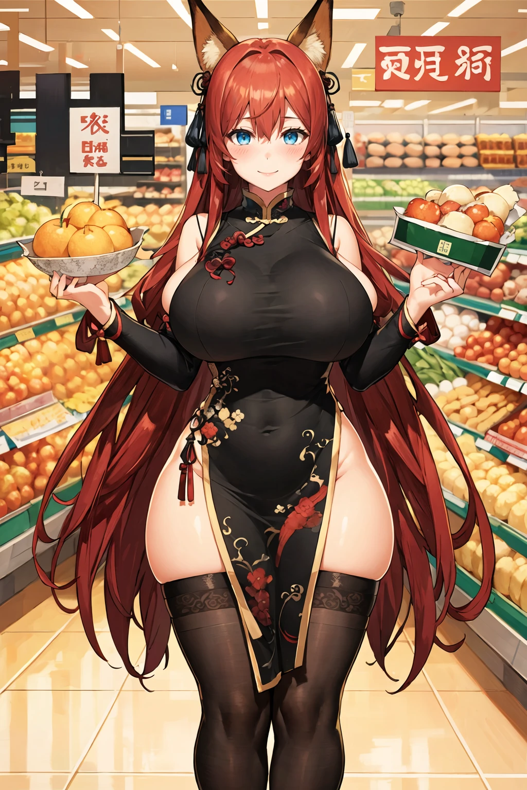 masterpiece, best quality, 1girl, standing, full body, red hair, blue eyes, (qipao:1.2), (black chinese dress:1.2), (gigantic breasts:1.2),(wide hips:1.2),(thick thighs:1.2), black panties, black underwear ,smile,thighhighs,(blush:1.2),indoors, supermarket,choker, slender waist, fox girl, fox ears, long hair, (long qipao:1.2), skintight qipao <lora:Starshadowmagician-Style_582312:1>