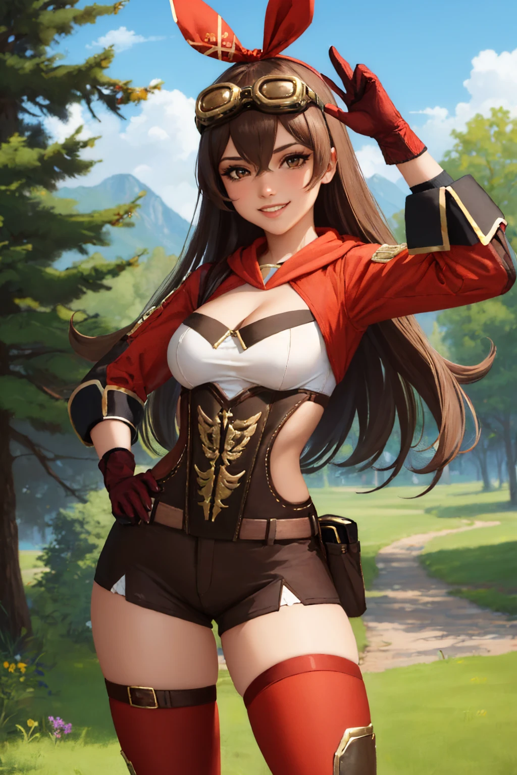 (masterpiece, best quality:1.2), solo, 1girl, amberdef, grin, looking at viewer, contrapposto, hand on hip, hair ribbon, goggles on head, shrug \(clothing\), long sleeves, brown gloves, short shorts, red thighhighs, cleavage <lora:genshinimpact_amber-17:1>
