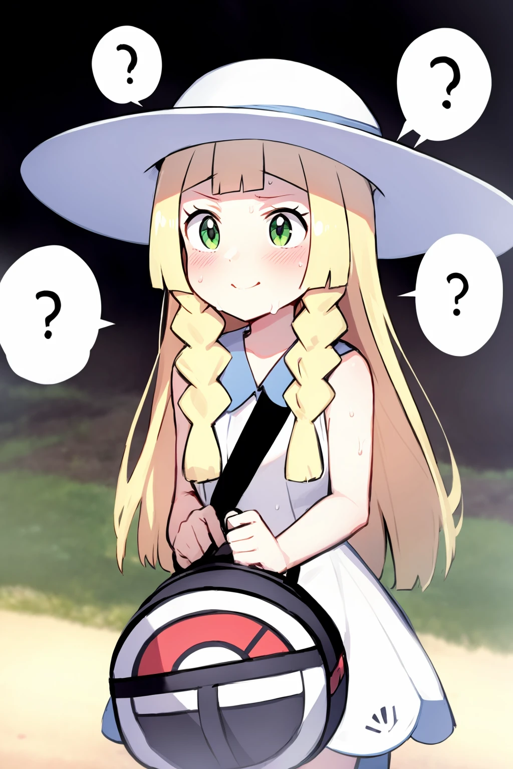 masterpiece, best quality, <lora:lillie:1>,lillie (pokemon), dress, sleeveless dress, 1girl, long hair, hat, white dress, blonde hair, sleeveless, bag, 1boy, green eyes, collared dress, sun hat, bangs, ?, white headwear, twin braids, braid, blush, closed mouth, duffel bag, blunt bangs, pokemon (creature), censored, poke ball theme, smile, black hair, phone, spoken question mark, identity censor, rotom, cellphone, bar censor, holding, sundress, bare arms, sweat, see-through, comic, speech bubble