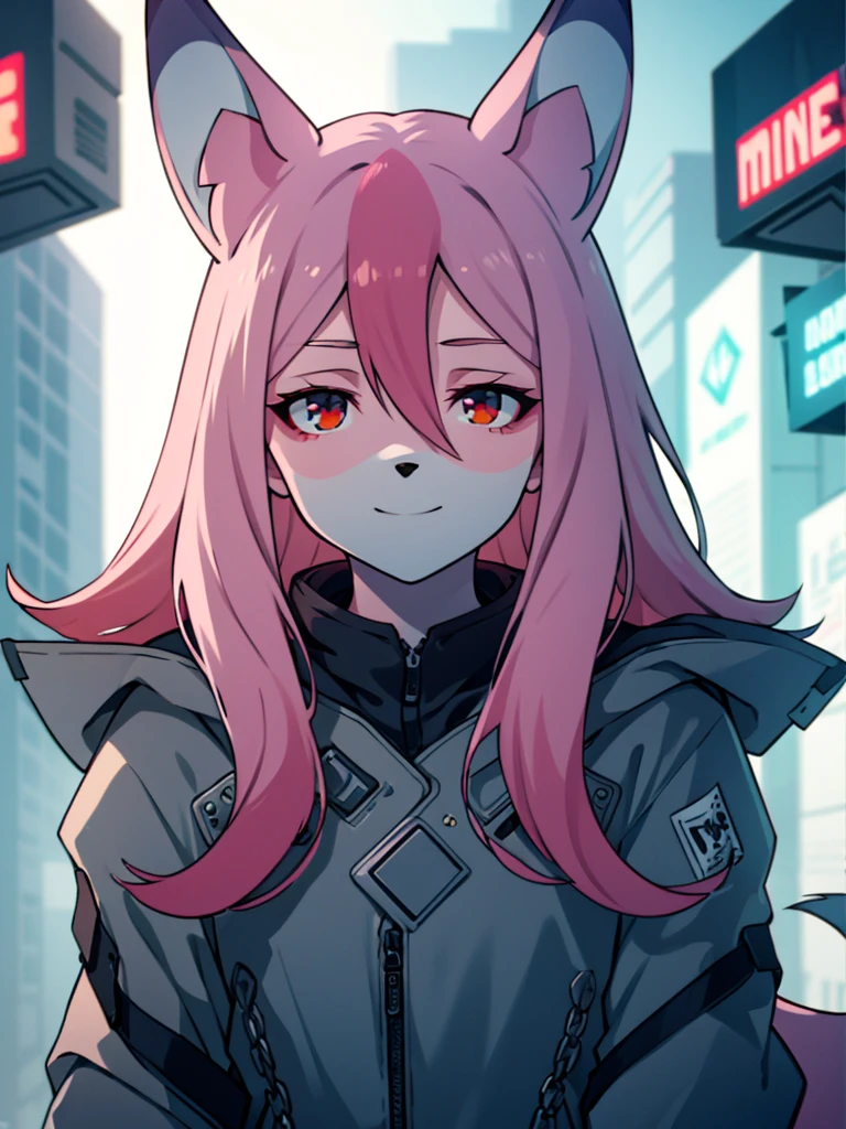 1 girl,furry,fox girl,furry female,fox ears, animal ears, nazuna_hiwatashi, pink hair,long hair, red eyes, hair between eyes, (animal nose, triangle shaped nose), (tail), (high quality, best quality, (4k), hi res, masterpiece, beautiful, high details), happy, looking at viewer, (cyberpunk,futuristic), city, night <lora:NazunaV2:0.8>
