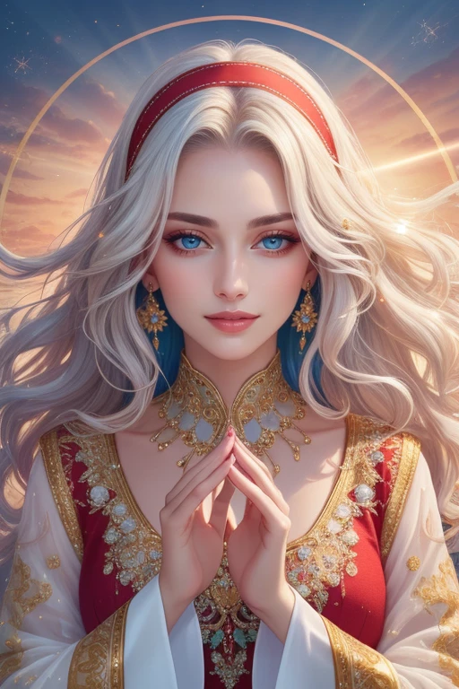 beautiful detailed portrait, a beautiful mature kind woman, long wavy lush white hair, red hairband, beautiful expressive blue eyes, delicate oval face, sharp chin, delicate nose, lush lips, kind gentle smile, bright shining waves of healing life magic, shimmering aura, holy light, beautiful wide lush dress, flowing seethrough sleeves, best quality, extemely detailed