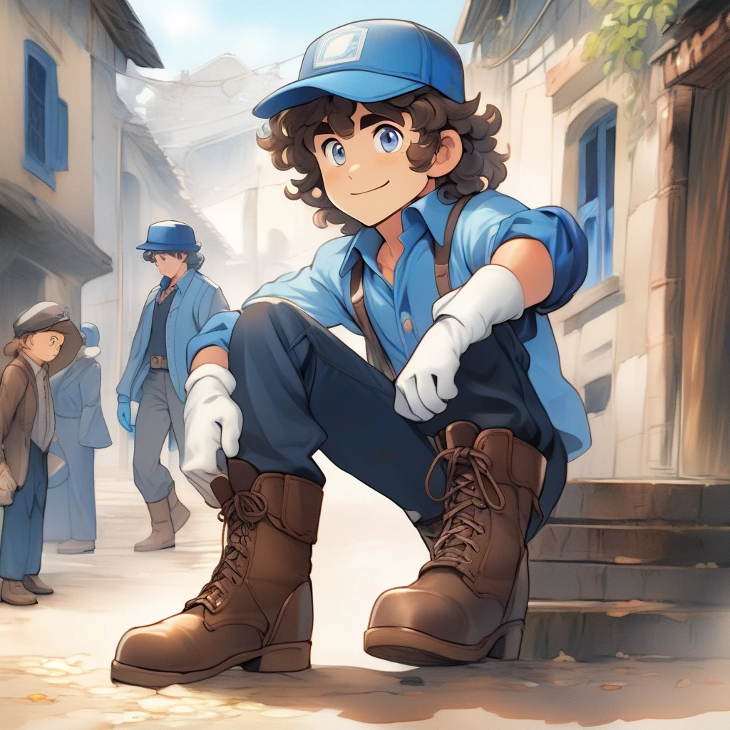 solo, male, blue eyes, long wavy curly brown hair, blue overhauls, brown boots, white gloves