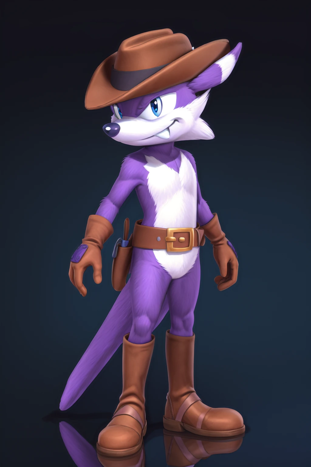 <lora:fang_the_hunter-09:1>, fangthehunter, male, purple fur, black eyes, (pose:1.3), (posing:1.3), (soft shading), 4k, hi res, ((detailed face, (detailed eyes:1.0), detailed)), (full body), by zackarry911, by zaush, (by personalami:0.5), smile, blue eyes, gloves, 1boy, standing, full body, boots, belt, cosplay, pokemon (creature), no humans, brown footwear, brown gloves, zoom layer, cowboy hat, digimon (creature), clothed pokemon, cowboy western