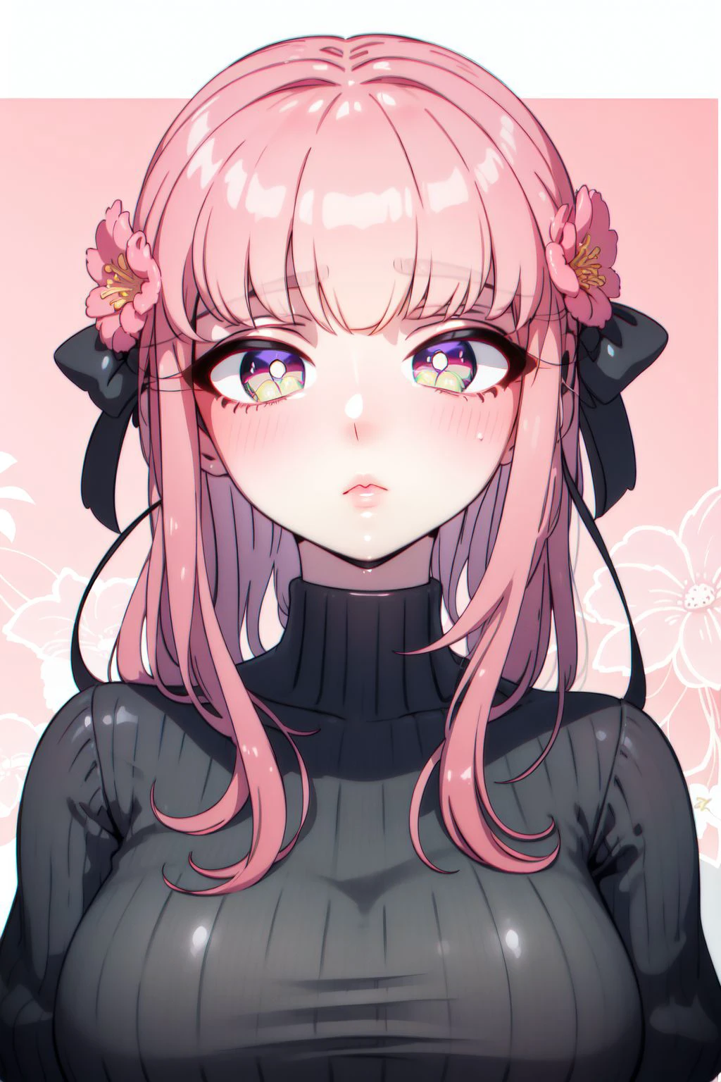 portrait, solo, 1girl, :/, pink hair, bow-shaped hair, bronze eyes, white ribbed sweater, Satin_Flowers \(flower\), floral background <lora:Strong_bana_style_v01:1>
