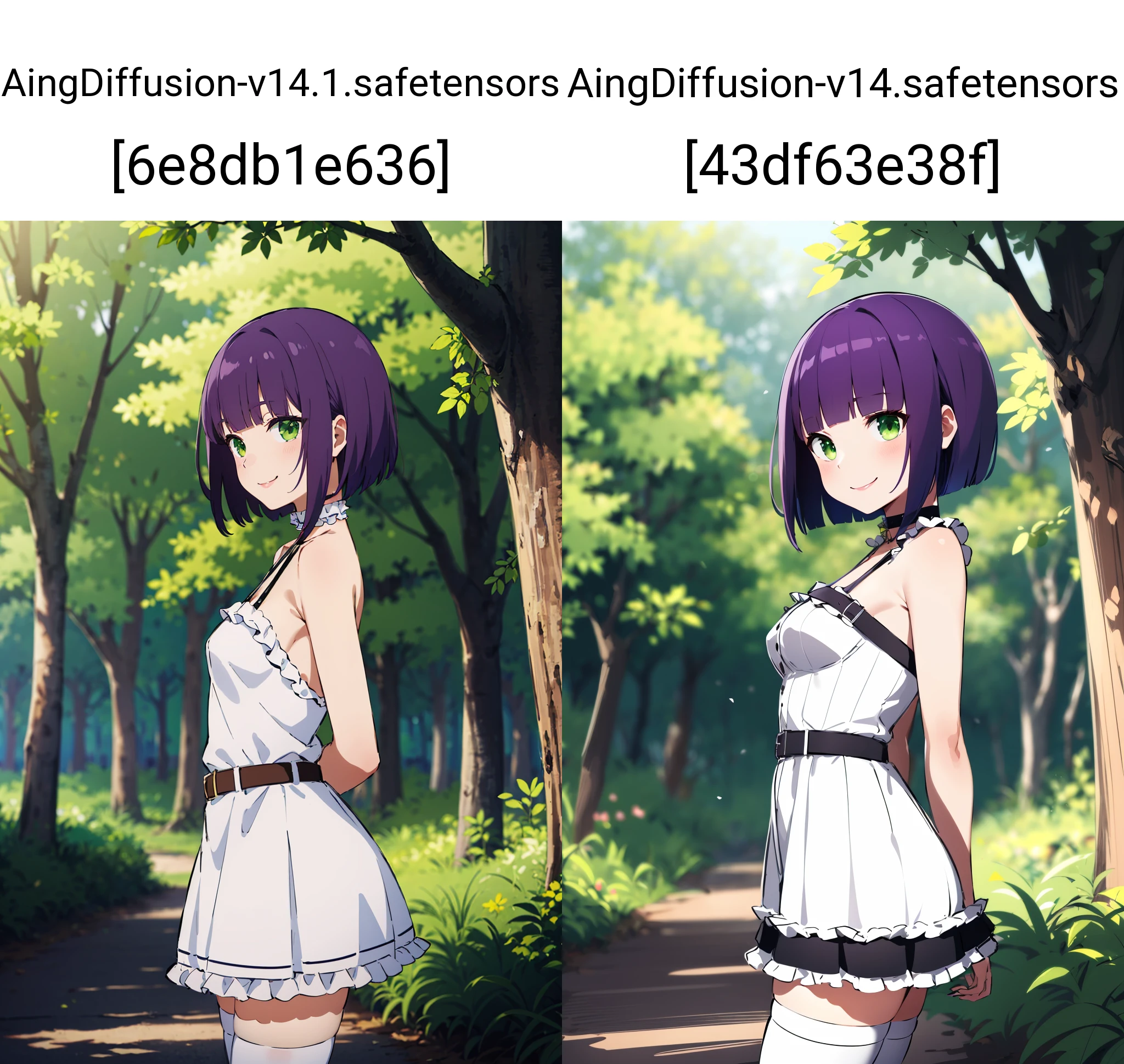 (masterpiece), best quality, expressive eyes, perfect face, solo, petite, sketch,
short hair, blunt bangs, purple hair, green eyes, medium breasts, white dress, bursting breasts, seductive smile, choker, frills, belt, thighhighs, arms behind back,
forest, portrait, from side,