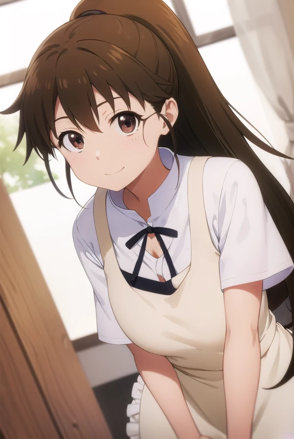 popurataneshima, <lora:popura taneshima s2-lora-nochekaiser:1>,
popura taneshima, long hair, brown hair, (brown eyes:1.5), ponytail, ahoge, smile,
BREAK apron, waitress, short sleeves, skirt, black skirt,
BREAK indoors, restaurant,
BREAK looking at viewer, (cowboy shot:1.5),
BREAK <lyco:GoodHands-beta2:1>, (masterpiece:1.2), best quality, high resolution, unity 8k wallpaper, (illustration:0.8), (beautiful detailed eyes:1.6), extremely detailed face, perfect lighting, extremely detailed CG, (perfect hands, perfect anatomy),