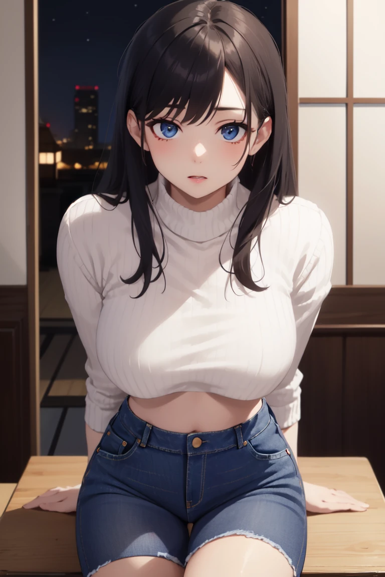 masterpiece,best_quality,indoors,detailed_background,japanese_interior,night,1girl,solo,upper_body,dynamic_pose,from_above,looking_at_viewer,confused,(Cropped_sweater:1.4),(jeans_shorts:1.3),