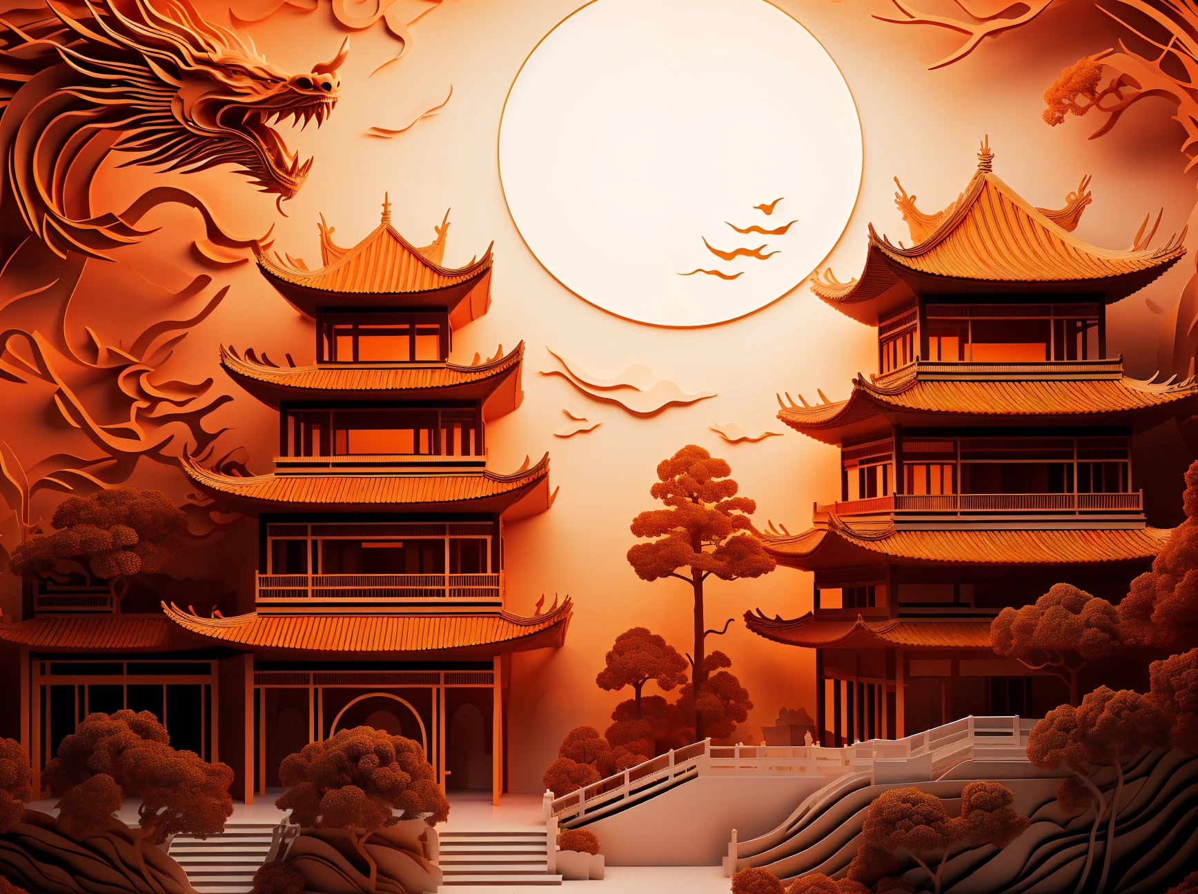 guchen,dragon,scenery,red theme,eastern dragon,no humans,tree,building,pagoda,full moon,cloud,orange theme,<lora:longhexinchun-000010:0.6>,