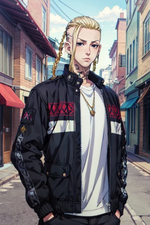 (best quality:1.1), (masterpiece:1.4), photorealistic, looking at viewer, upper body, depth of field, anime coloring, , 1boy, solo, male focus, <lora:ken_ryuuguuji:0.88>, ken_ryuuguuji, blonde hair, black eyes, braid, tattoo, jewelry, black jacket, captain costume, , 4k resolution