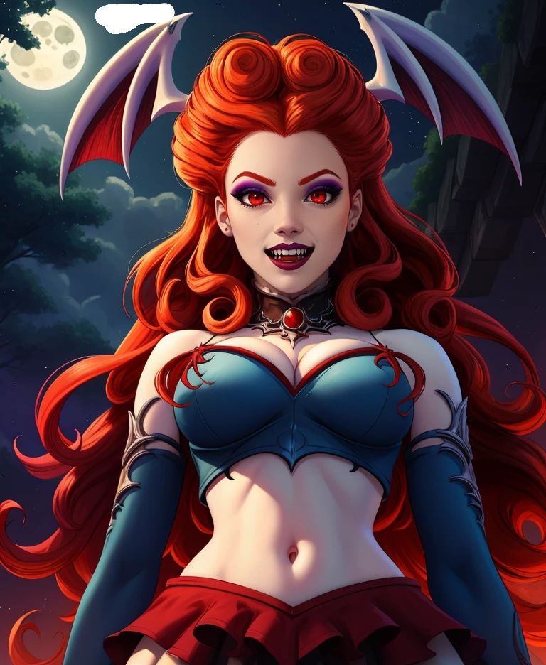 Lillith,long red curly hair,pale skin,red eyes,makeup,smile,open mouth, vampire teeth,
head wings,detached sleeves,cleavage,dress,
standing,midriff,toned,from below,
nighttime,moonlight,
(insanely detailed, beautiful detailed face, masterpiece, best quality),<lora:Lillith-10PDv8:0.7>,