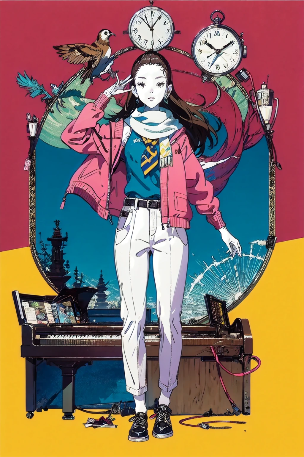 pants,shoes,jacket,white ascot,ascot,shirt,necktie,multiple boys,bangs,fruit,magatama,jewelry,long sleeves,food,brown hair,standing,pointing,apple,closed mouth,sidelocks,formal,suit,open clothes,long hair,earrings,outstretched arm,forehead,whip,book,sun,bug,sparkle,black eyes,open book,green jacket,red jacket,rope,clock,scarf,full body,necklace,gem,smile,arm up,happy,hand up,magatama necklace,open jacket,red background,guitar,piano,mole,butterfly,building,bird,crescent,(simple background:1.2),(looking_at_viewer:1.2),front view,full_shot,solo,<lora:NakamuraV2:1>,, masterpiece,best quality,highres,ultra high res,(abstract art:1.2),2d,(highlydetailed),(colorful),(intenseexpression),(fashionable),