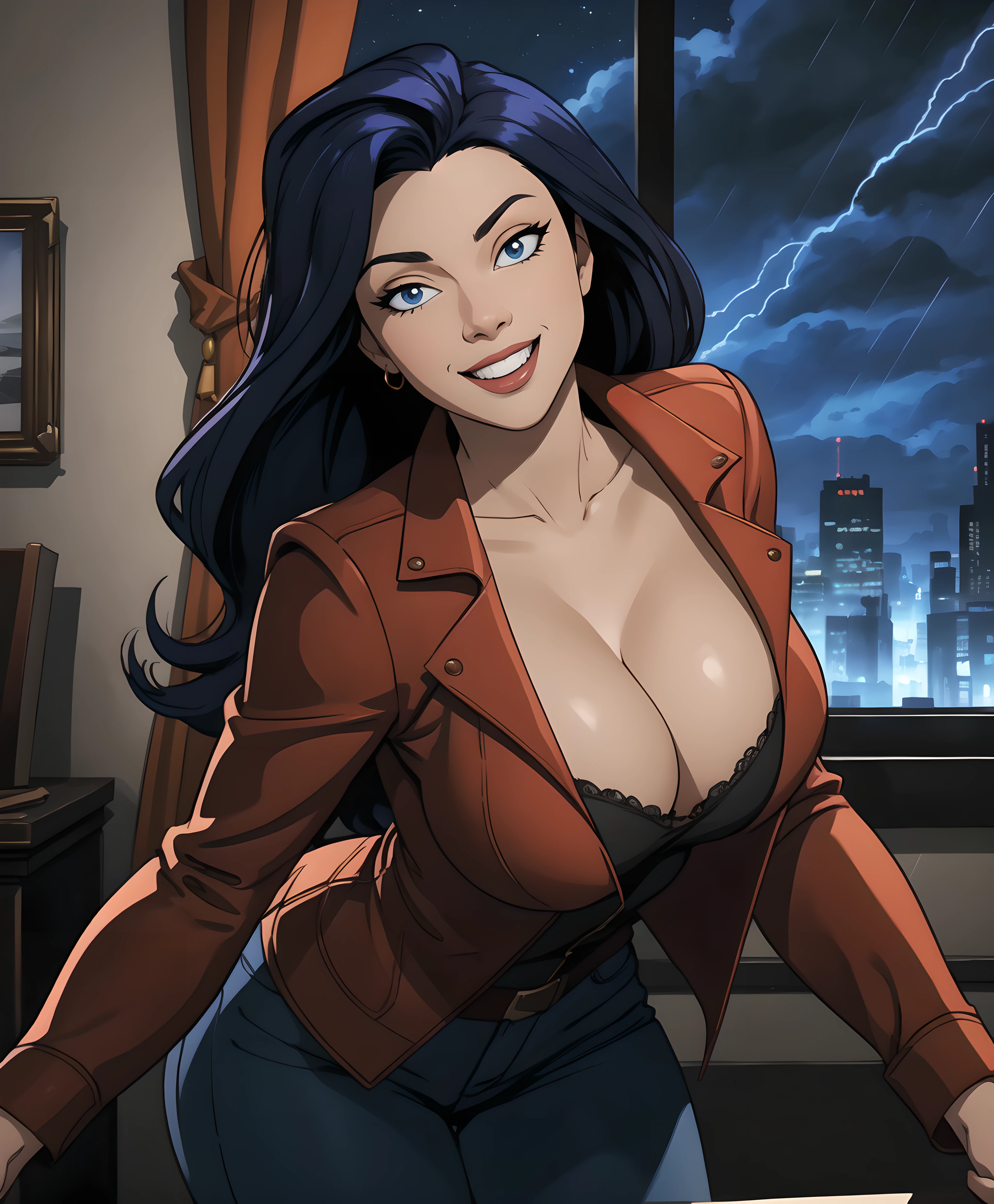 elisa_maza, (masterpiece:1.4),(best quality:1.4),(highres:1.4),absurdres, intricate details,(highly detailed skin:1.2), 1girl, solo, red jacket, jeans,black boots, smile, large breasts, cleavage,
(movie composition), amazing composition, depth of field, indirect lighting, ambient lighting, (random colors), (dynamic colors), (dynamic weather), upper body,
indoors, curtains, night, night_sky,
BREAK
BREAK
<lora:Elisa_v01-000001:0.75>