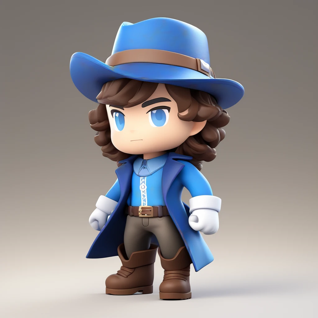 solo, male, blue eyes, long wavy curly brown hair, blue overhauls, brown boots, white gloves