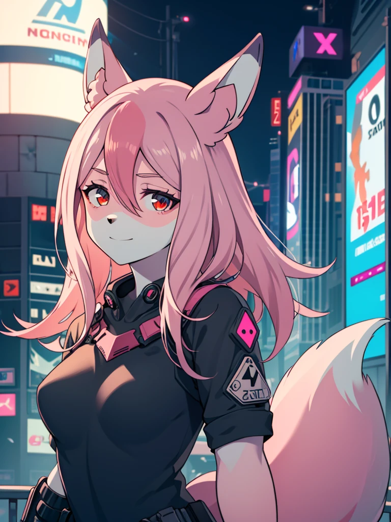 1 girl,furry,fox girl,furry female,fox ears, animal ears, nazuna_hiwatashi, pink hair,long hair, red eyes, hair between eyes, (animal nose, triangle shaped nose), (tail), (high quality, best quality, (4k), hi res, masterpiece, beautiful, high details), happy, looking at viewer, (cyberpunk,futuristic), city, night <lora:NazunaV2:0.8>