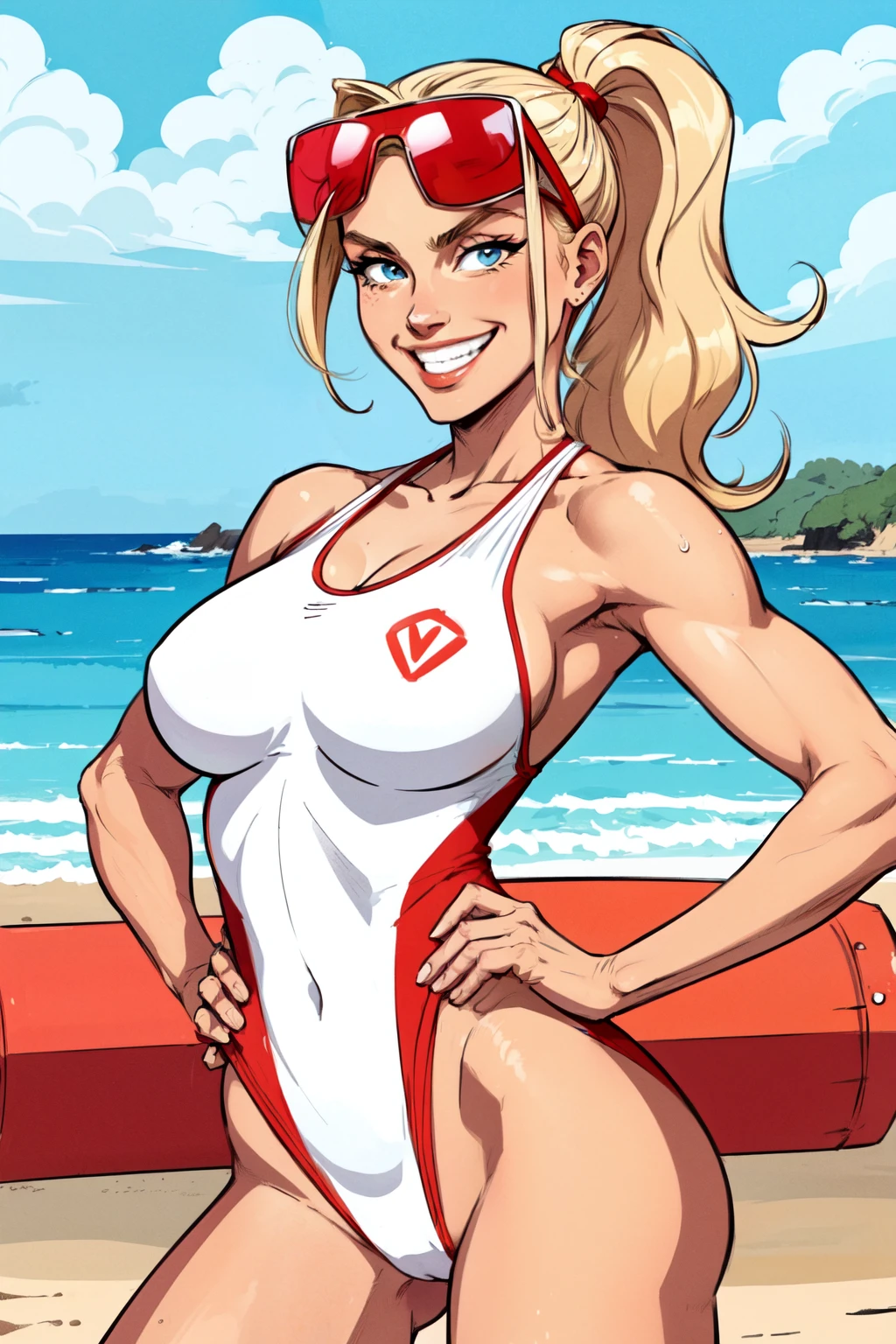 flat colors, cowboy shot, illustrated image of an athletic woman dressed as a lifeguard, posing on the beach on a sunny day, hand on hip, blonde hair in a high ponytail, wearing (red and white one-piece bathing suit), wearing (big sunglasses), flirty, big grin, perfect eyes, striking, side boob, fun, highly detailed face, perfect eyes, perfect hands