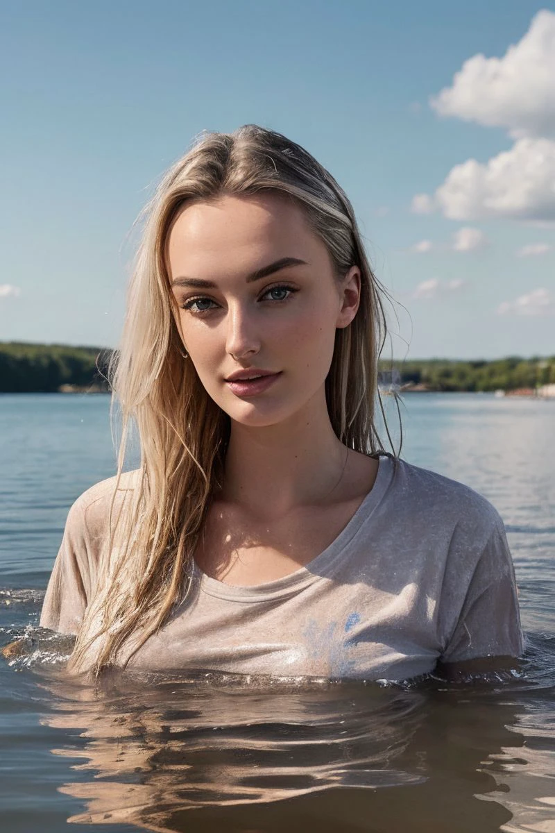 Hyper realistic and detailed photo of one tanned fit blonde hair girl, fishing on boat. perfect eyes, (Eye makeup:1.1), (highly detailed skin:1.1), RAW, analog style, sharp focus, 8k UHD, DSLR, high quality, Fujifilm XT3, grain, award winning, masterpiece. lake by mountains, fully clothed