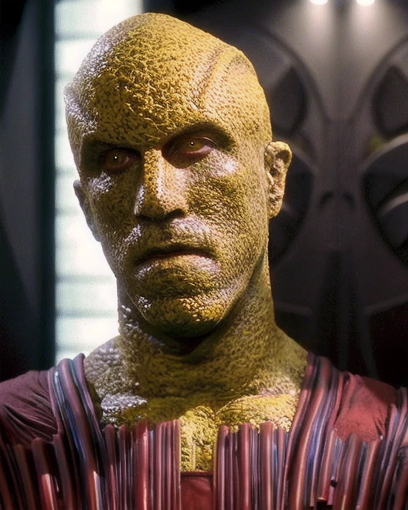 suliban, male, silik, alien, yellow mottled bumpy skin, bald, yellow eyes, wearing red cabal uniform, medium shot, front view, sci-fi lighted console in background, john fleck, <lora:suliban_lora:0.9>
