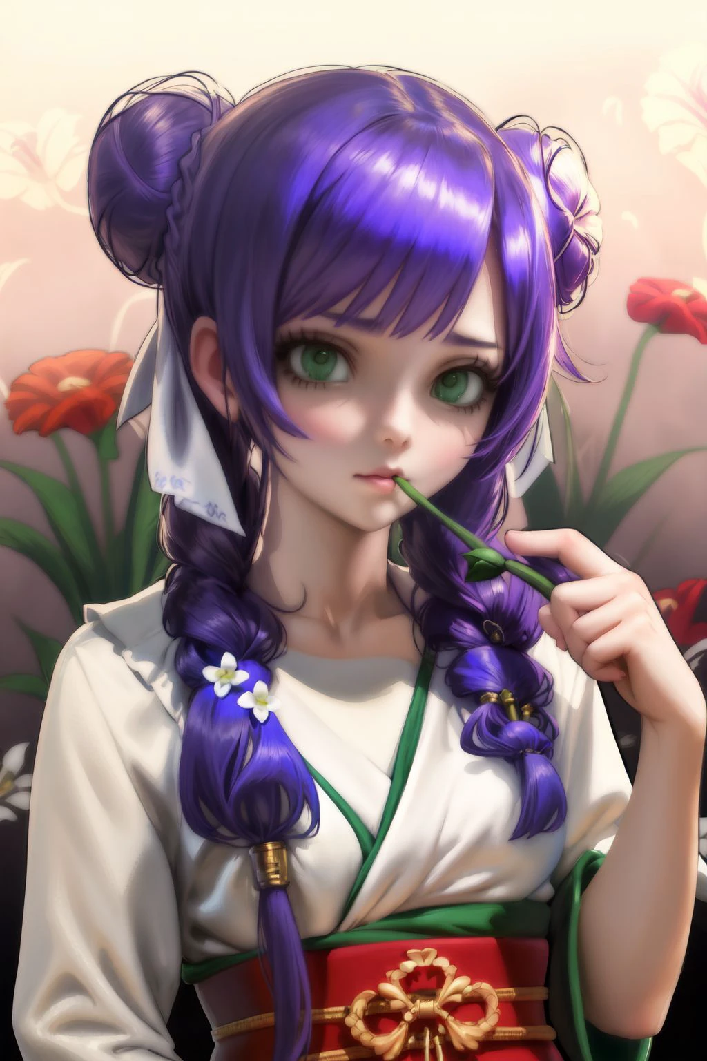 upper body, solo, 1girl, anxious, purple hair, braided bun, green eyes, beige sash, Anthurium \(flower\), floral background <lora:Sakimichan_style_v01:1>