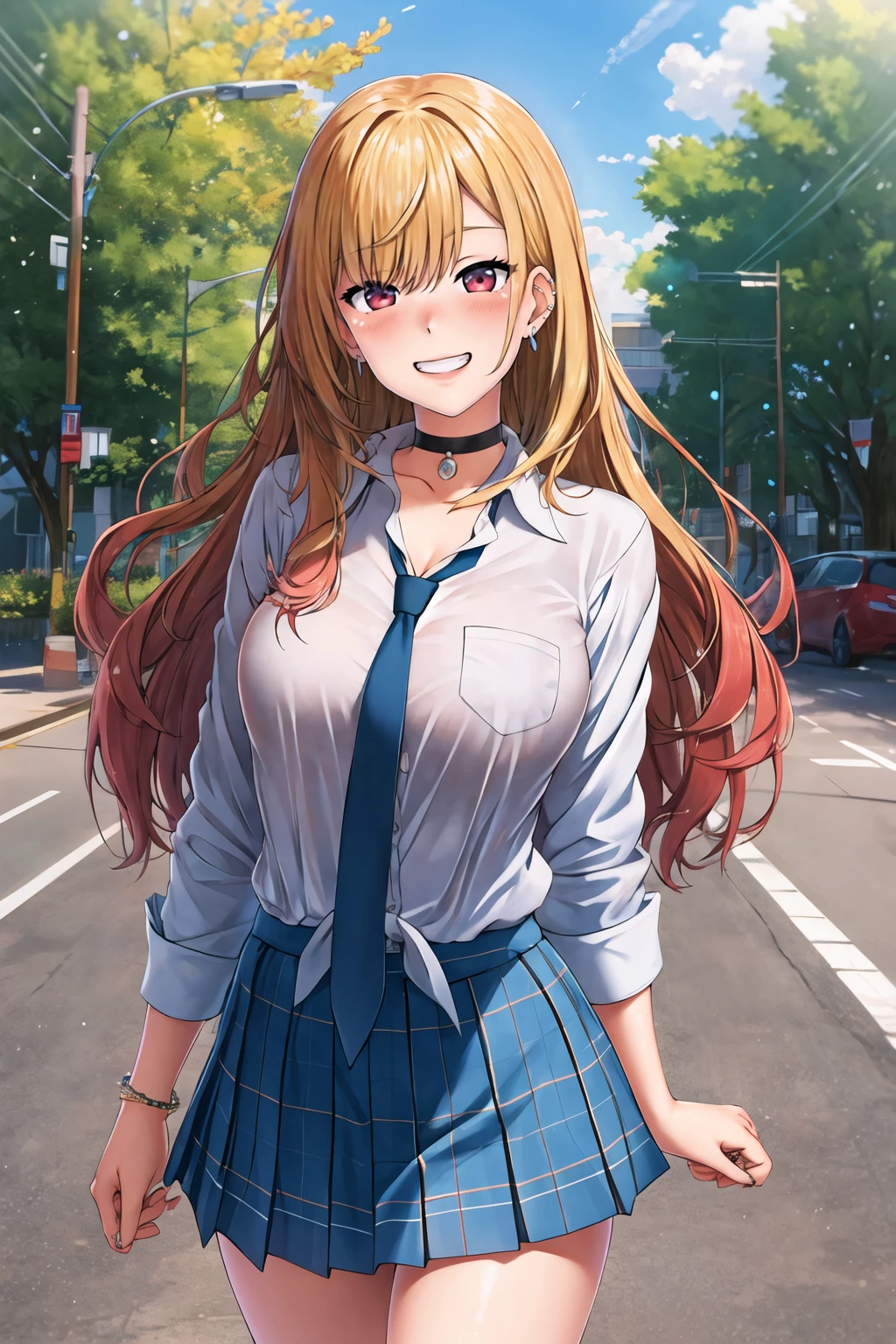 masterpiece, best quality, highres, kitagawa marin, 1girl, blonde hair, long hair, multicolored hair, red eyes, jewelry, earrings, piercing, school uniform, white shirt, tied shirt, black choker, blue necktie, plaid skirt, blue skirt <lora:kitagawa_marin_v1-1:0.7>, grin, smile, standing, cowboy shot, outdoors,     <lora:Kawai-Style_607092:1>