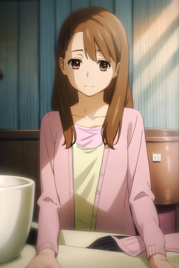 toukoyadomi, <lora:touko yadomi s1-lora-nochekaiser:1>,
touko yadomi, long hair, brown hair, (brown eyes:1.7), hair over shoulder, hair clip, smile,
BREAK shirt, yellow shirt, collarbone, long sleeve, cardigan, (pink cardigan:1.5),
BREAK indoors,
BREAK looking at viewer, (cowboy shot:1.5),
BREAK <lyco:GoodHands-beta2:1>, (masterpiece:1.2), best quality, high resolution, unity 8k wallpaper, (illustration:0.8), (beautiful detailed eyes:1.6), extremely detailed face, perfect lighting, extremely detailed CG, (perfect hands, perfect anatomy),