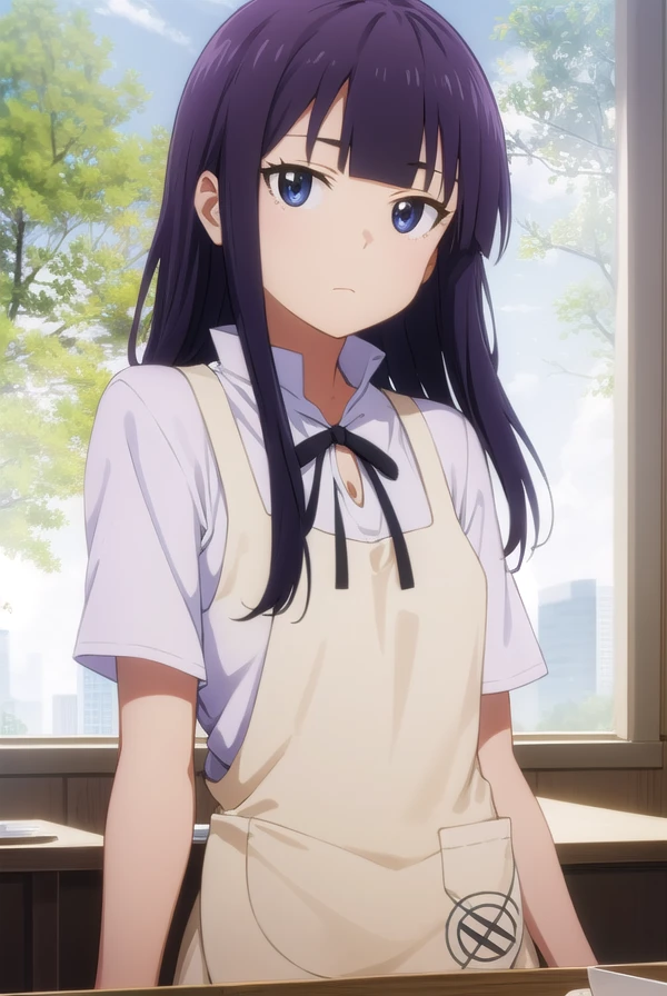aoiyamada, <lora:aoi yamada s2-lora-nochekaiser:1>,
aoi yamada, long hair, (purple eyes:1.1), purple hair, blunt bangs,
BREAK apron, waitress,
BREAK indoors, restaurant,
BREAK looking at viewer, (cowboy shot:1.5),
BREAK <lyco:GoodHands-beta2:1>, (masterpiece:1.2), best quality, high resolution, unity 8k wallpaper, (illustration:0.8), (beautiful detailed eyes:1.6), extremely detailed face, perfect lighting, extremely detailed CG, (perfect hands, perfect anatomy),