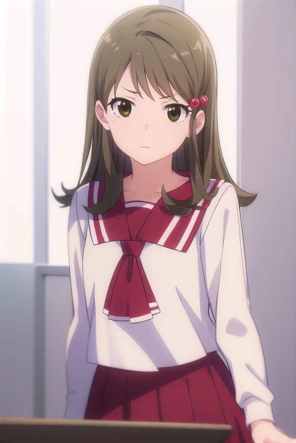 tohkoichiyama, <lora:tohko ichiyama s1-lora-nochekaiser:1>,
tohko ichiyama, long hair, brown hair, hair ornament, (brown eyes:1.5), hair bobbles, anger vein, angry, frown,
BREAK skirt, shirt, long sleeves, school uniform, white shirt, pleated skirt, serafuku, sailor collar, red skirt, pink skirt, red sailor collar,
BREAK indoors, office,
BREAK looking at viewer, (cowboy shot:1.5),
BREAK <lyco:GoodHands-beta2:1>, (masterpiece:1.2), best quality, high resolution, unity 8k wallpaper, (illustration:0.8), (beautiful detailed eyes:1.6), extremely detailed face, perfect lighting, extremely detailed CG, (perfect hands, perfect anatomy),