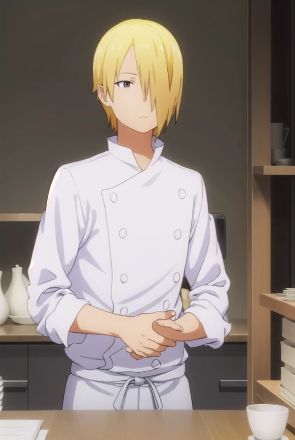 junsatou, <lora:jun satou s2-lora-nochekaiser:1>,
jun satou, blonde hair, male focus, (hair over one eye:1.5), (brown eyes:1.3),
BREAK apron, buttons, kitchen, chef,
BREAK indoors, restaurant,
BREAK looking at viewer, (cowboy shot:1.5),
BREAK <lyco:GoodHands-beta2:1>, (masterpiece:1.2), best quality, high resolution, unity 8k wallpaper, (illustration:0.8), (beautiful detailed eyes:1.6), extremely detailed face, perfect lighting, extremely detailed CG, (perfect hands, perfect anatomy),