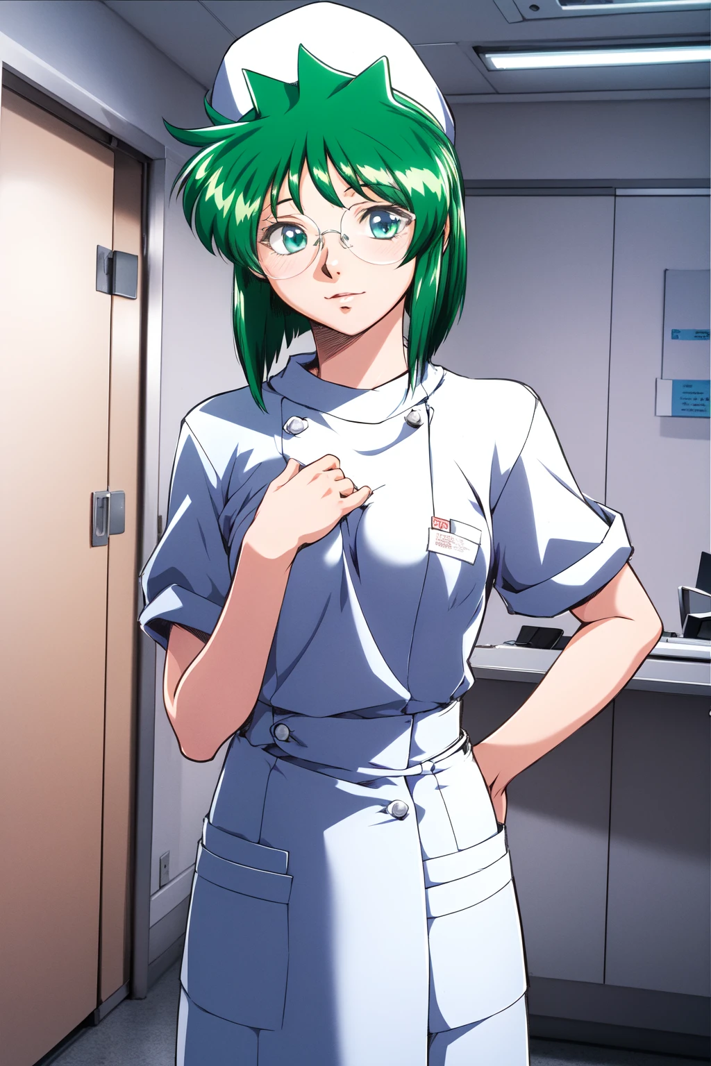 (RAW photo, best quality), 1girl, natural lighting <lora:innai_kansen_honjou_moe_v2_2-000003:1>, solo,
hospital, glasses, honjou moe, white nurse, nurse cap,