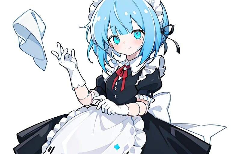 1girl,blue hair,blue eyes,full body,solo,joints,maid,doll joints,apron,smile,gloves,short hair,maid headdress,white gloves,dress,blush,ribbon,short sleeves,black dress,maid apron,closed mouth,bangs,frills,puffy sleeves,puffy short sleeves,white apron,<lora:xiaoyezi_lion-0000010:1>,