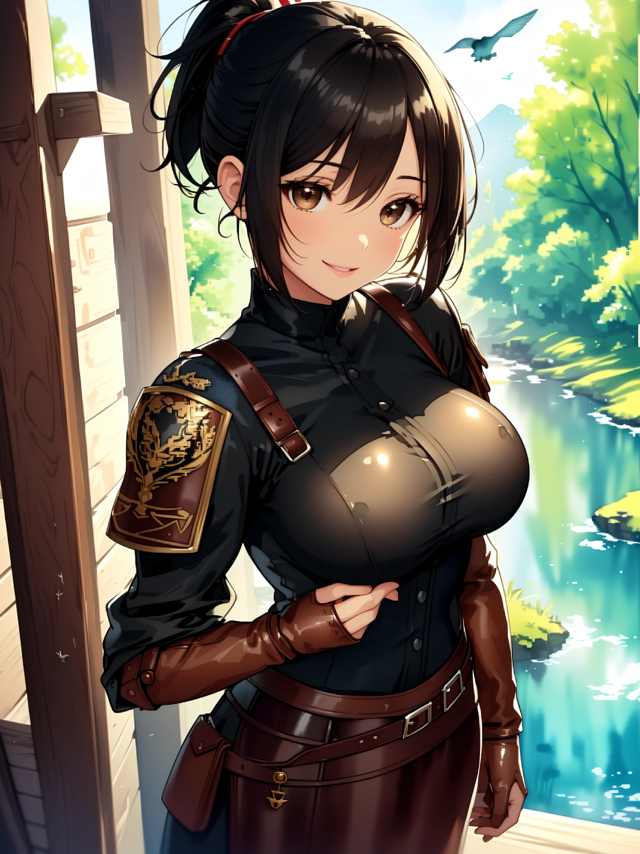 (((Transparent watercolor:1.1))), ((extremely detailed 8k illustration)), highres, (extremely detailed and beautiful background), ultra detailed painting, professional illustrasion, Ultra-precise depiction, Ultra-detailed depiction, (beautiful and aesthetic:1.2), HDR, (depth of field:1.4), beautiful detailed, intricate:1.4, nice hands, perfect hands, 
(young girl), ((kawaii)), (highly detailed beautiful face and eyes, big breasts, firm breasts), oily skin, ((black hair,black eyes, (bob with short ponytail hair))), thin pubic hair, cute lovely, cheerful disposition, (brown theme:1.4), (brown leather clothes:1.3) with royal insignias:1.2, full armor, leather gloves, leather belt with porch, leather boots, smile, 
piece sign, 
a serene countryside scene featuring a winding river and the coexistence of nature, with birds soaring through the landscape,