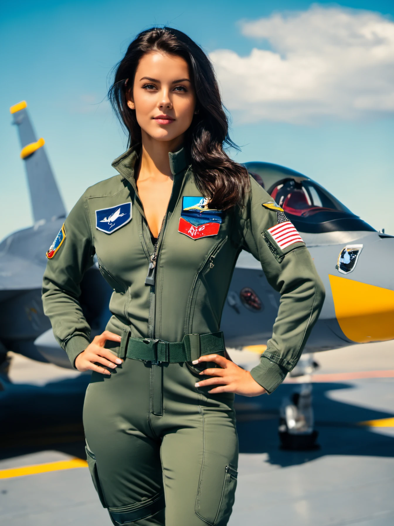 modelshoot photography, 8k dslr, photo, cowboy shot,
nicola_cavanis woman, airforce flight suit, looking at viewer,
medium black hair, smirk, hand on hip,
on an aircraft carrier, f-35 jet in the background,
, <lora:nicola_cavanis_lora_sdxl_v1:0.75>, film grain and (medium full shot:1.2) and 8K HD RAW photo,
volumetrics dtx, (film grain, blurry background, depth of field, motion blur)
