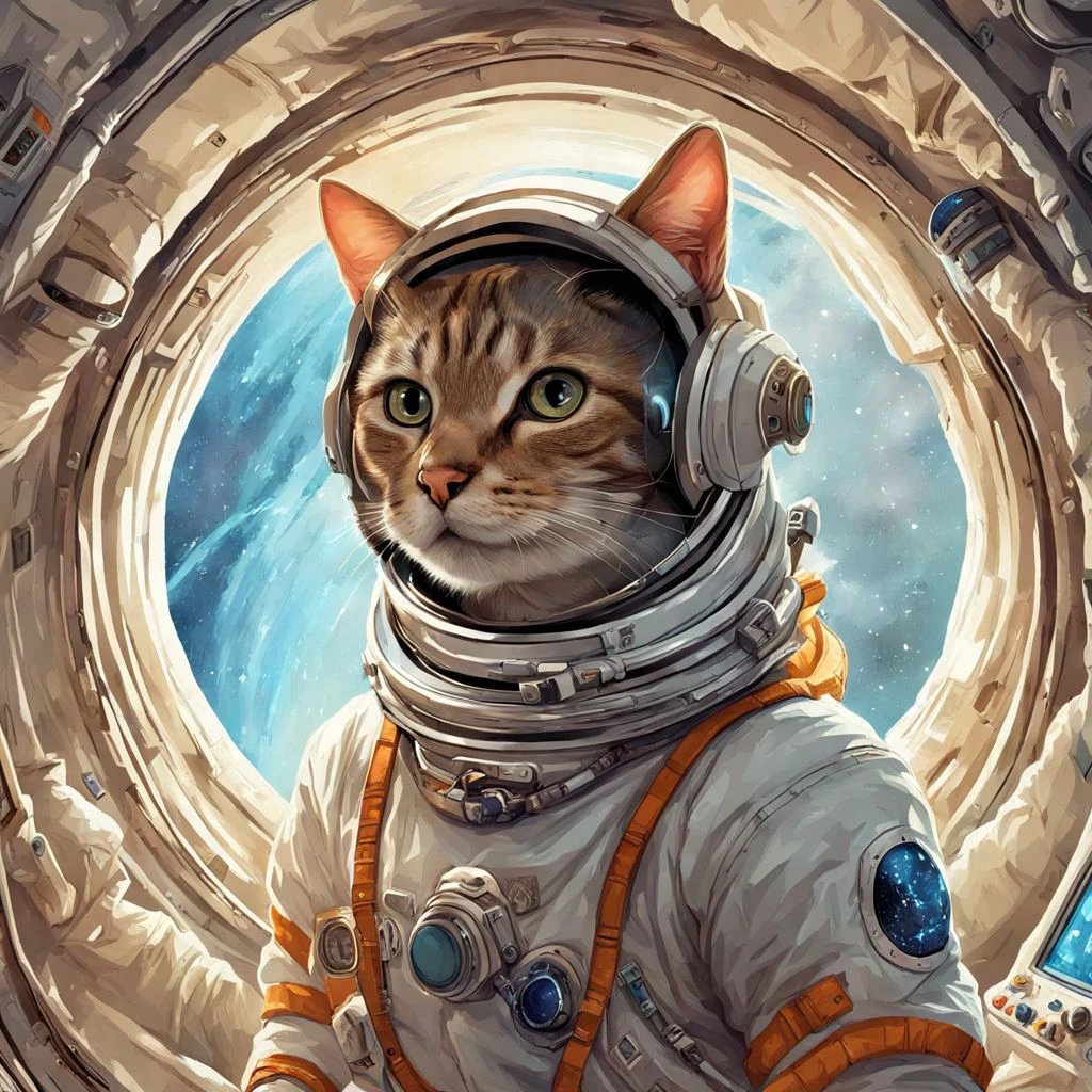 An astronaut HuMeow is inside a spaceship <lora:SDXL-HuMeow-LoRA-r8-000003:1>