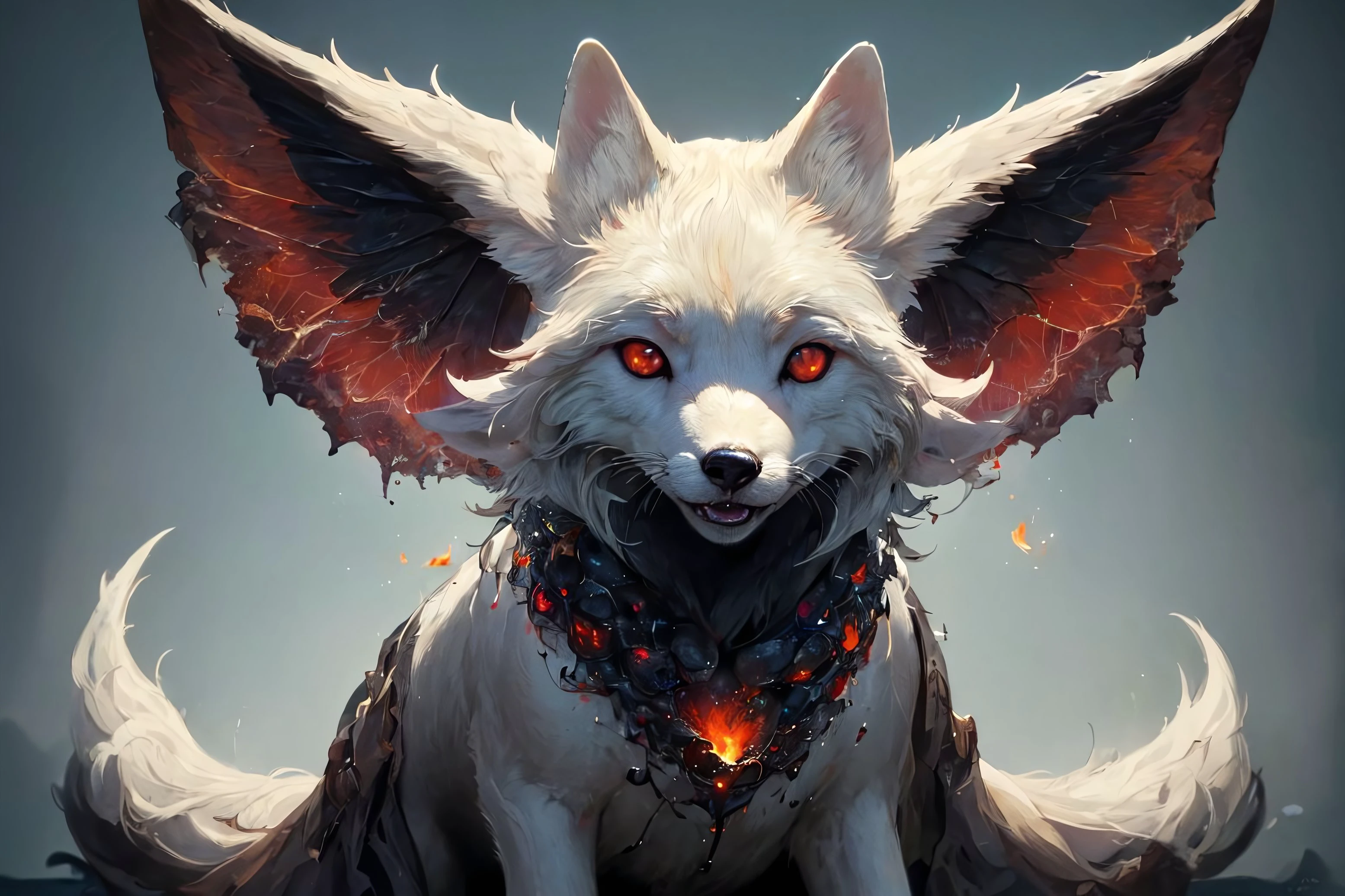 (masterpiece, top quality, best quality, official art, beautiful and aesthetic:1.2), the face of a white fox, glowing green eyes, curly, in a black forest, dark red sky, fireflies, scary, demonic, (no humans:1.9), <lora:StarkJourney:1.0>