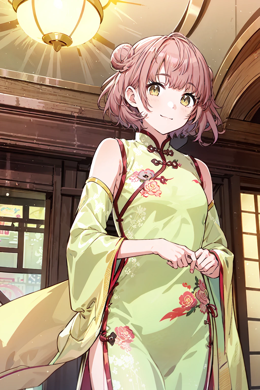 h_ikuta, 1girl, short hair, (hair double bun:1.2), pink hair, brown hair, yellow eyes, smile, looking at viewer, indoor, closed mouth, bangs, blush, cowboy shot, chinese clothes, china dress, bare shoulders <lora:h_ikuta:1>