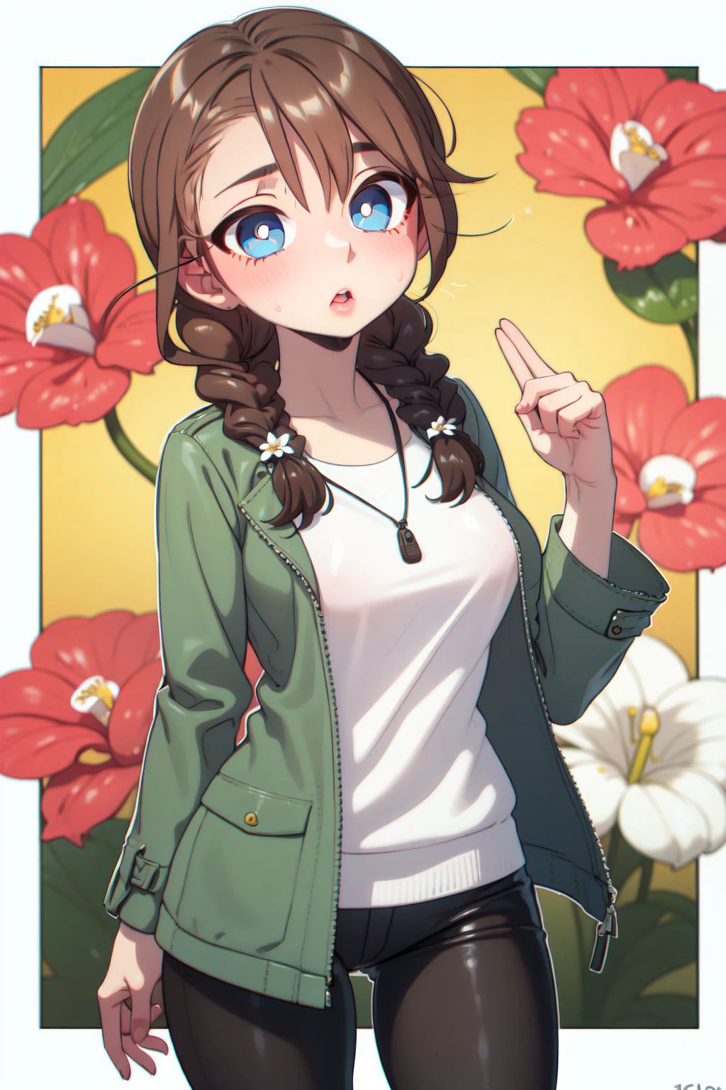 cowboy shot, solo, 1girl, grimace, brown hair, twin braids, blue eyes, blue safari jacket, Anthurium \(flower\), floral background <lora:Strong_bana_style_v01:1>