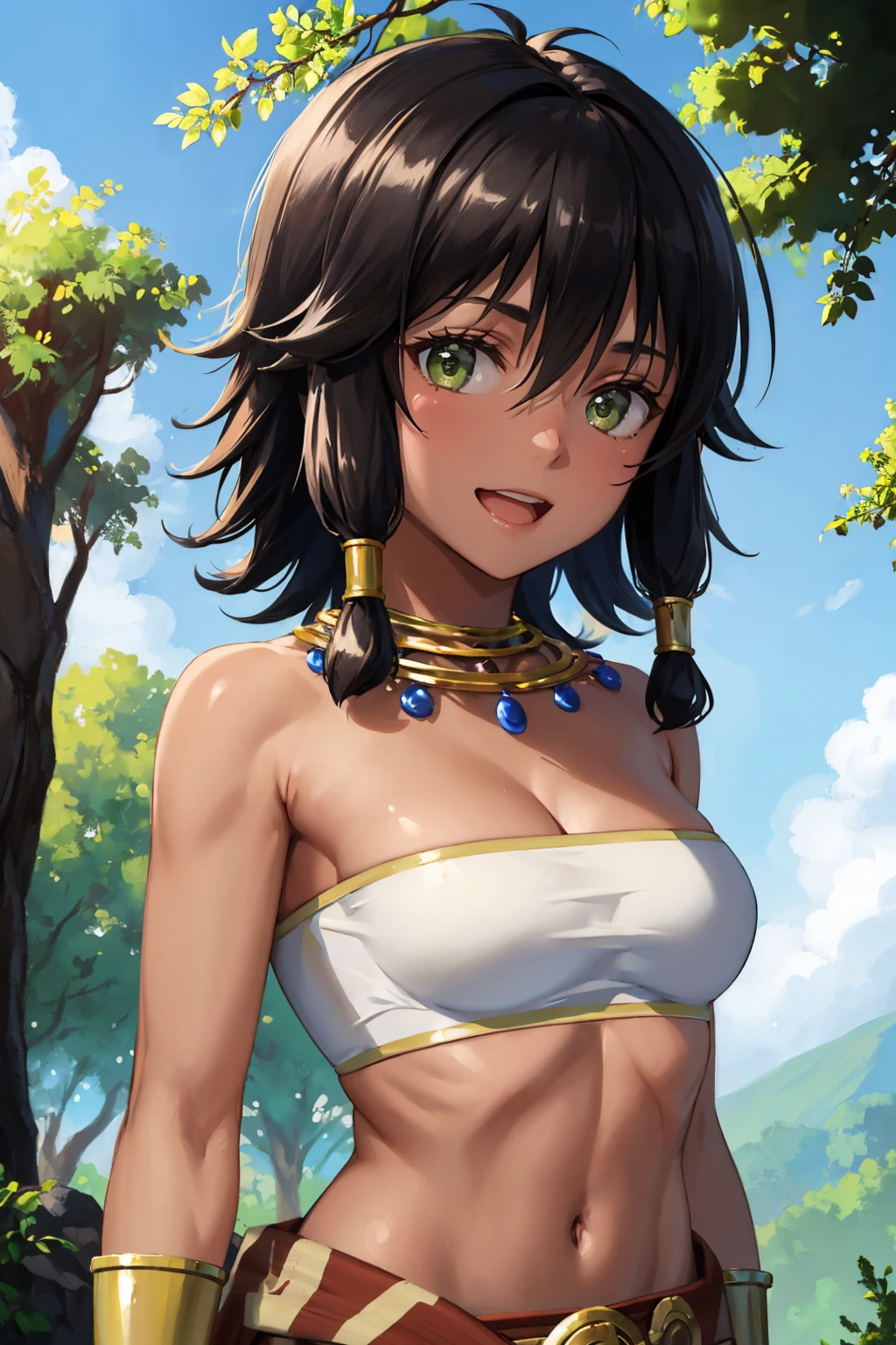 " (((Hot Egyptian dance )))،(dressed as a gold-colored dancer)، (  The character puts her arms above her head)، (Egyptian pyramids)، (Anime girl with the most beautiful forms of irides, its color is bright green)، (She has short black hair.)، (Sexy posture )، (oversized breasts)،  (Creating a girl with charming eyes beauty)، (one girl)، (realistic photo)، (Anime girl with elaborate eyes drawing ) "