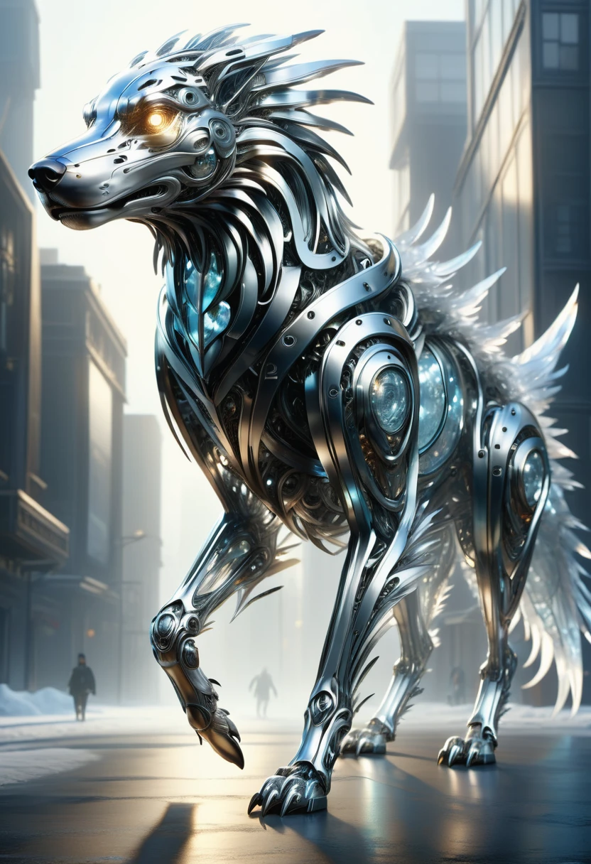 hyper detailed masterpiece, dynamic, awesome quality, DonMSt33lM4g1cXL big avian translucent natural canine person, hexapod trimanual, digitigrade appendages, prehensile-tailed, icy scales, floppy ears, , made of steel, shiny <lora:DonMSt33lM4g1cXL-v1.1-000008:1>