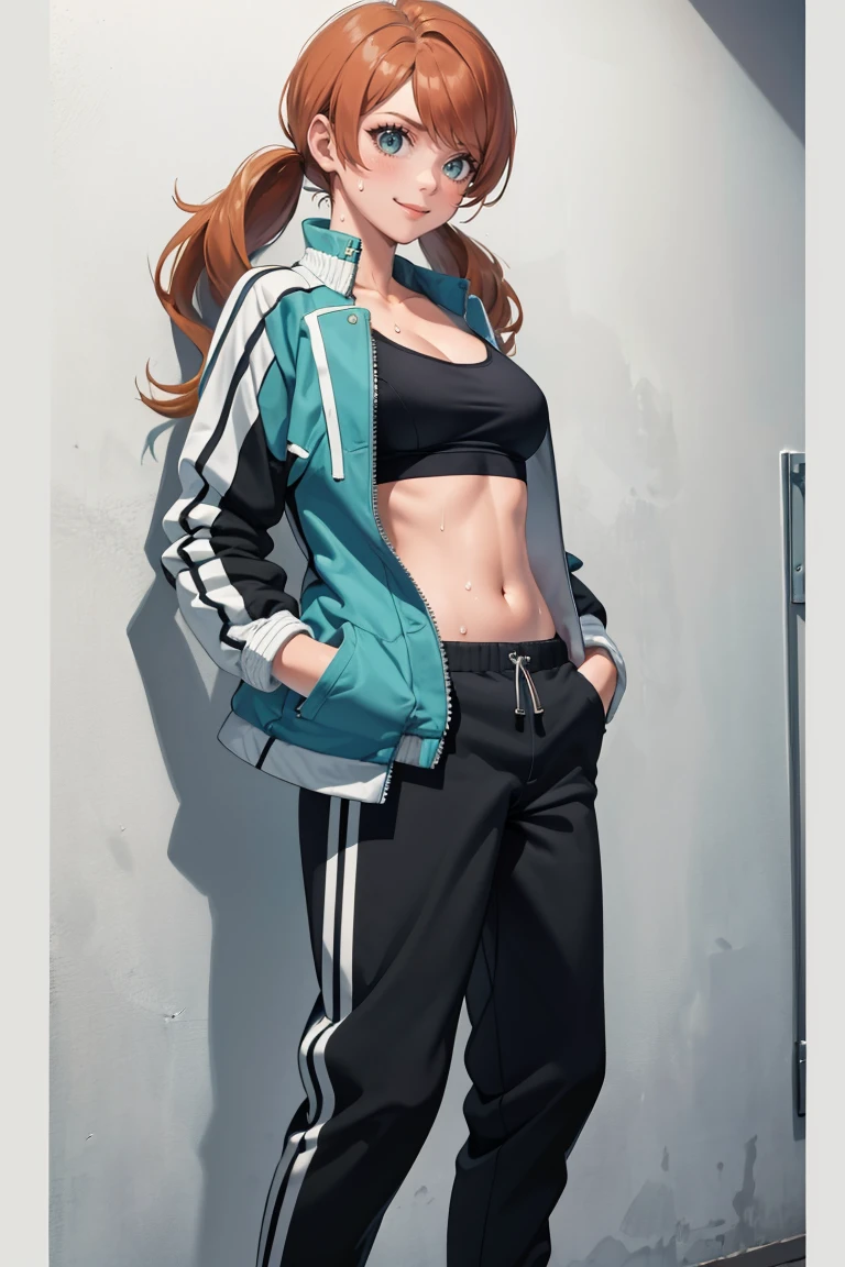 masterpiece, best quality, absurdres, LuluYurigasaki, long hair, twintails, baggy clothes, sports bra, open jacket, track pants, casual, indoors, against wall, leaning, hands in pockets, toned, sweat, smile, <lora:LuluYurigasaki:0.9>