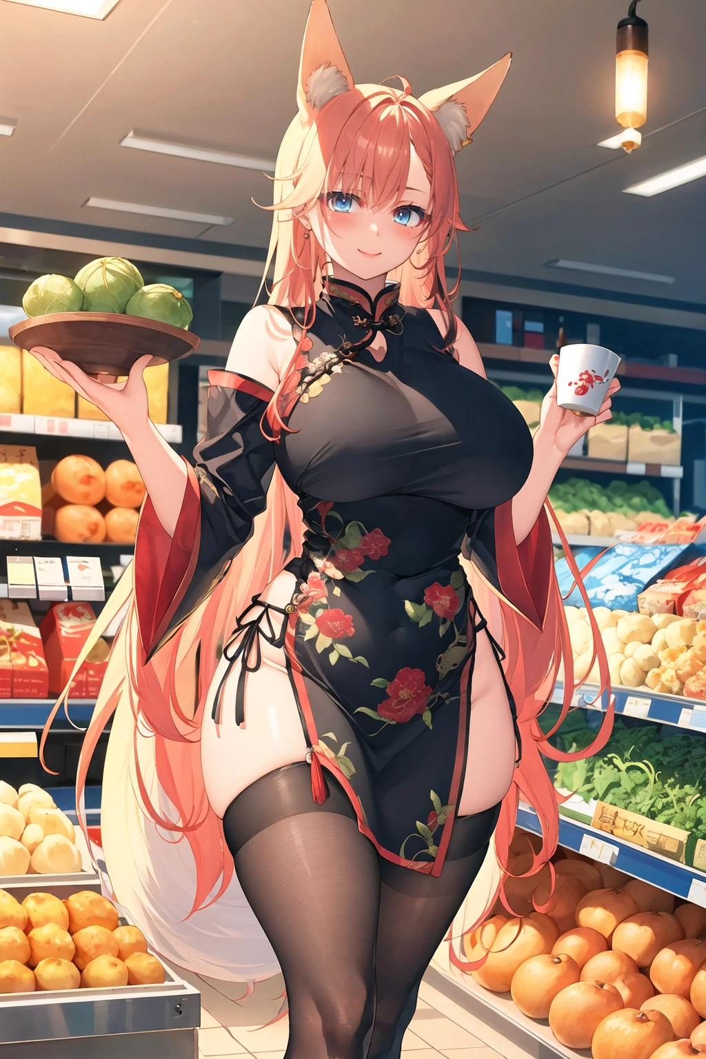 masterpiece, best quality, 1girl, standing, full body, red hair, blue eyes, (qipao:1.2), (black chinese dress:1.2), (gigantic breasts:1.2),(wide hips:1.2),(thick thighs:1.2),  black panties, black underwear ,smile,thighhighs,(blush:1.2),indoors, supermarket,choker, slender waist, fox girl, fox ears,  long hair, (long qipao:1.2), skintight qipao <lora:toosaka-asagi -Style_796448:1>