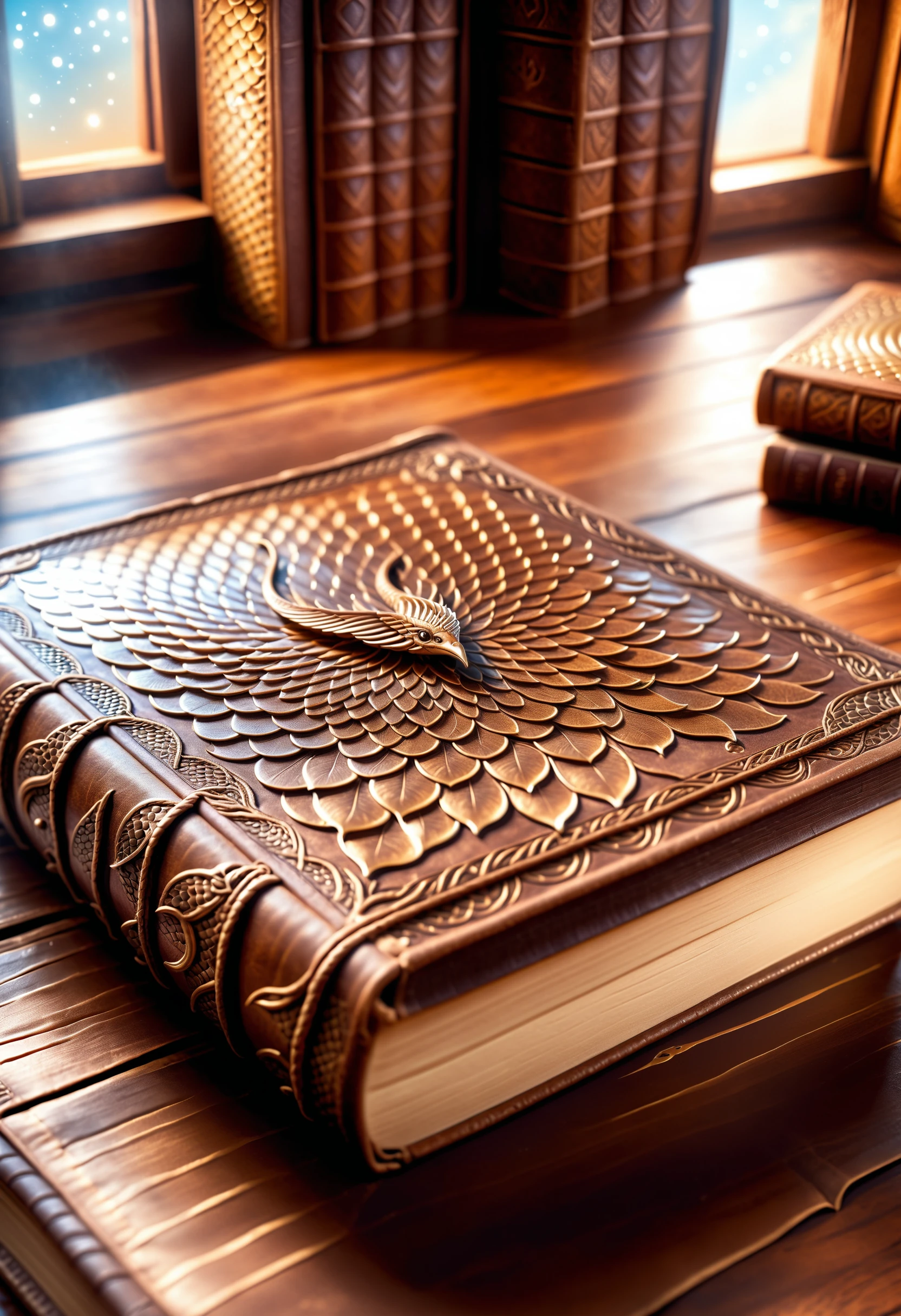 ethereal fantasy concept art of an uncharted oasis of knowledge, an ancient leather book covered in light brown duotone scales, mystical rune patterns emerge from the scales embedded in the cover, ancient dusty workshop wooden table
<lora:dvrscls:1> dvrscls . magnificent, celestial, ethereal, painterly, epic, majestic, magical, fantasy art, cover art, dreamy