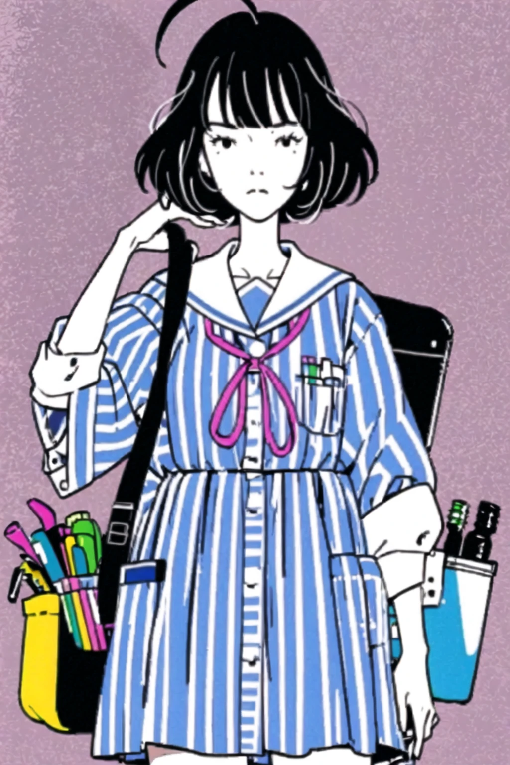 short hair,1girl,striped shirt,striped,bag,solo,ribbon,book,pink ribbon,vertical stripes,upper body,long sleeves,bottle,<lora:NakamuraV2:1>,(simple background:1.2),solo,(1girl:1.2),instrument,ahoge,crossed bangs,hair between eyes,(looking_at_viewer:1.2),front view,full_shot,akashi \(yojouhan\),black hair,<lora:Akashi_TatamiGalaxy-000004:1>,single more under right eye,short black hair,blue white stripe sailor dress,pink string ribbon,, masterpiece,best quality,highres,ultra high res,(abstract art:1.2),2d,(highlydetailed),(colorful),(intenseexpression),(fashionable),