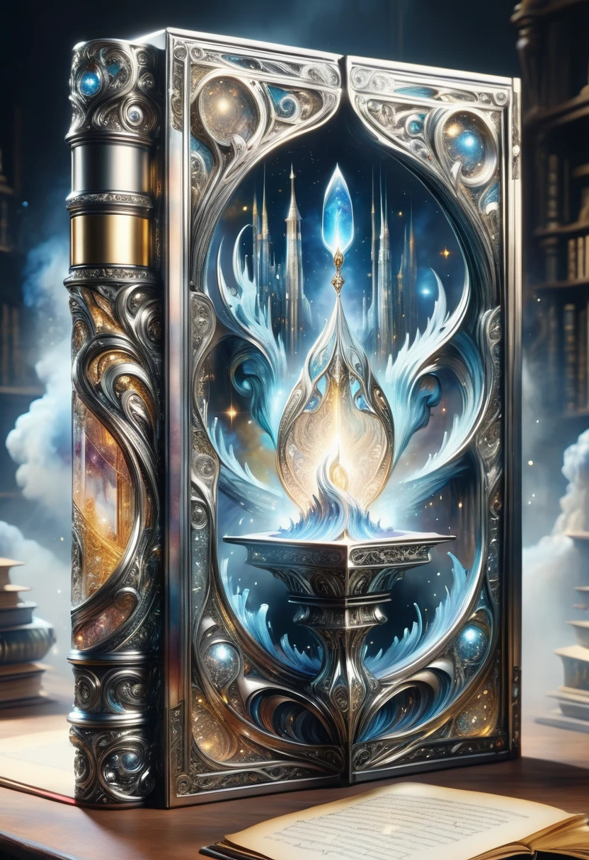 hyper detailed masterpiece, dynamic, awesome quality, DonMSt33lM4g1cXL mystic manuscripts, watercolor, dust jacket, lachrymotion (a fictional liquid), slipcases, made of steel, shiny <lora:DonMSt33lM4g1cXL-v1.1-000008:1>