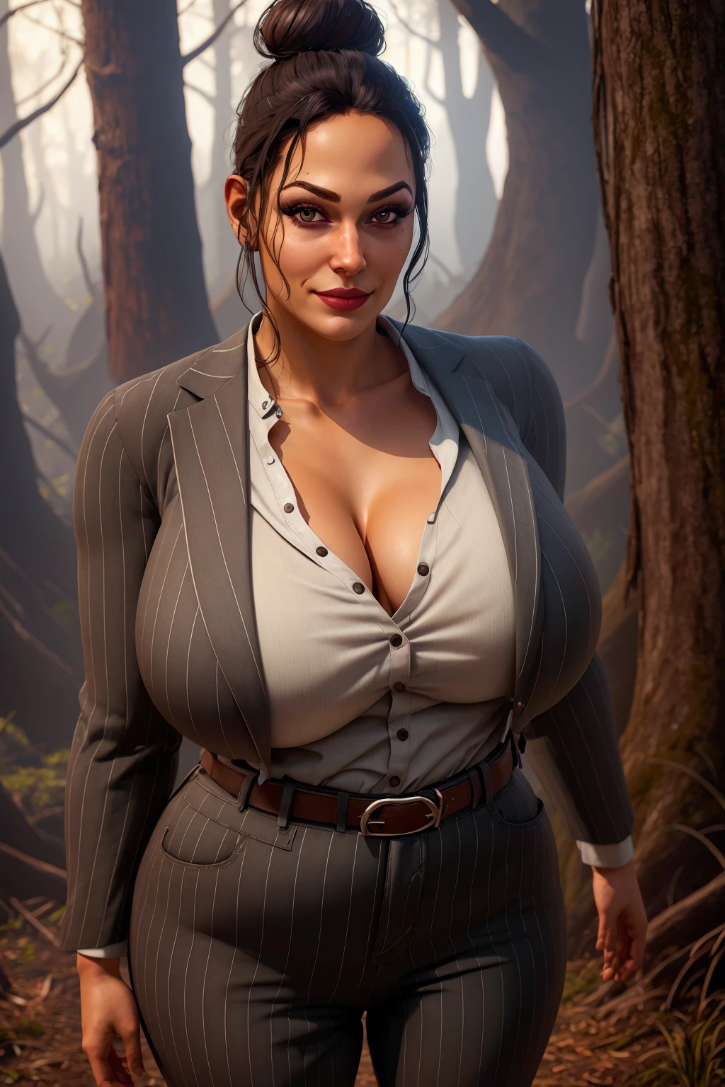 (masterpiece), best quality, realistic, 1girl, janerodbd, black eyes, lips, dirty face, dirty clothes, latina, pinstripe jacket, pinstripe pants, shirt, high-waist pants, belt, black hair, single hair bun, simple background, creepy background, forest, myst, (looking at viewer:1.2), flustered, smirk, perfect lighting, curvy, thick, wide hips, (large breasts:1.2), cleavage, 