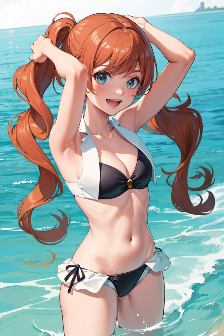 masterpiece, best quality, absurdres, LuluYurigasaki, long hair, twintails, water, smile, :d, spread arms, frilled bikini, cute, cute bikini, standing, <lora:LuluYurigasaki:1.0>