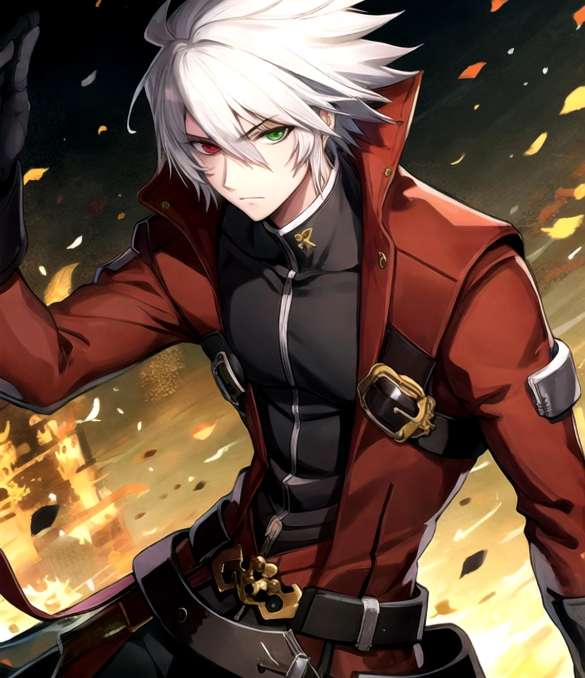 <lora:ragna the bloodedge (blazblue):0.8> ragna the bloodedge, white hair, spiked hair, short hair, (heterochromia), red eyes, green eyes, red jacket, open jacket, black shirt, black hakama, 1boy, male focus, solo, ((owboy shot))