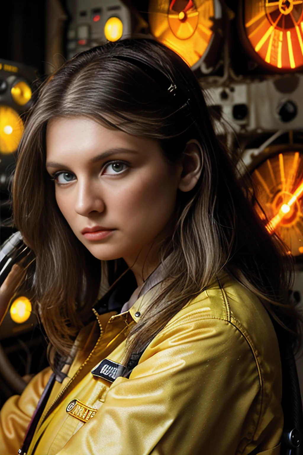 a close up cinematic still of beautiful (4nn4D31v3y woman),as an engineer,wearing (yellow flightsuit:1.2),(wielding a plasma torch:1.3),long hair,(dramatic action pose),(face focus), working inside an (abandoned nuclear power plant:1.4),surrounded by (glowing gauges on rusted turbine engines:1.3), sharp focus,detailed eyes,(highly detailed),(8k wallpaper),intricately detailed,highres,absurdres,hyper realistic,8K UHD DSLR,filmed in IMAX.45mm,<lora:4nn4D31v3y_17A-000003:0.9>,